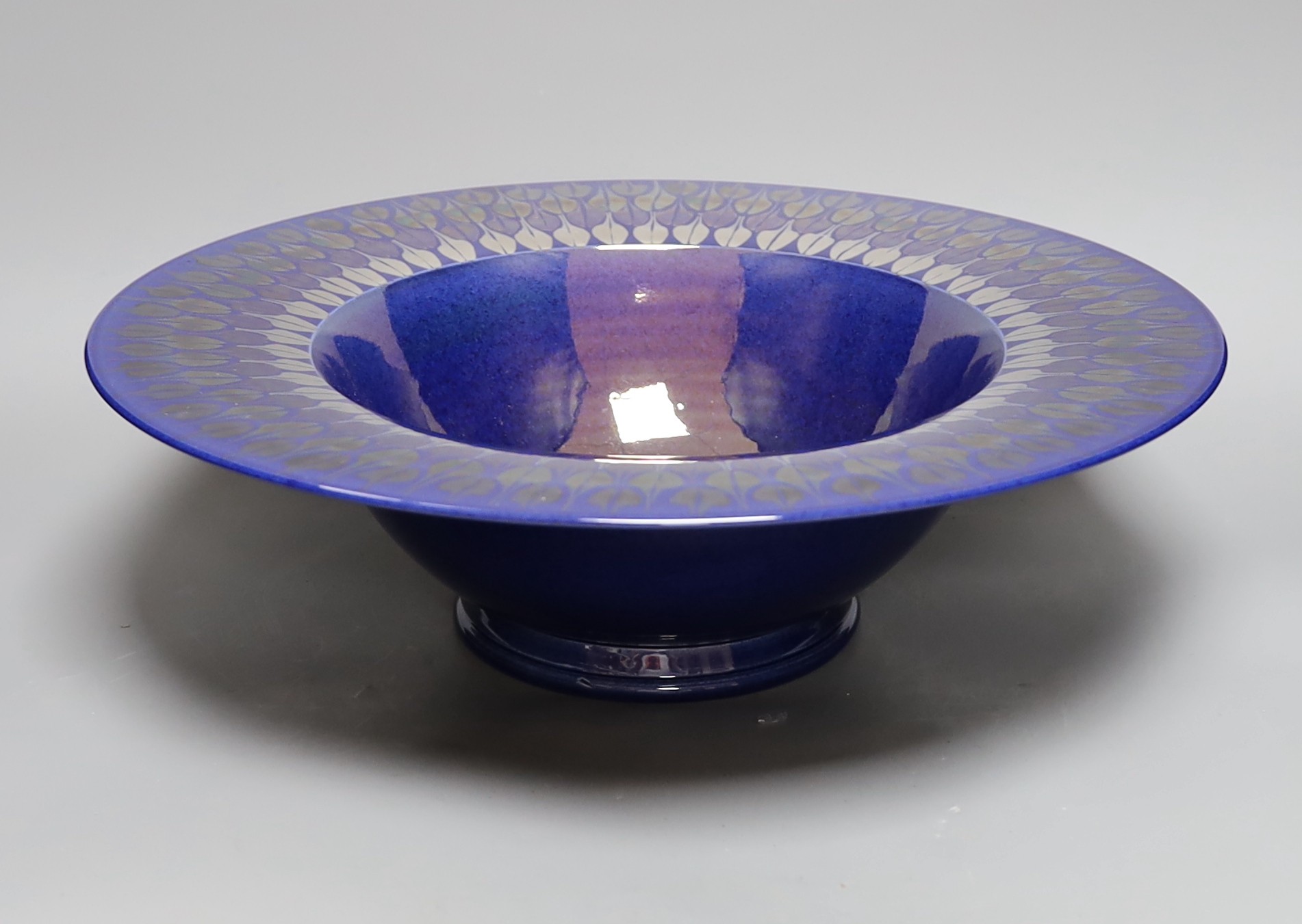 A Tobias Harrison Cumbrian studio pottery blue lustre glazed centre piece bowl, 43 cms diameter